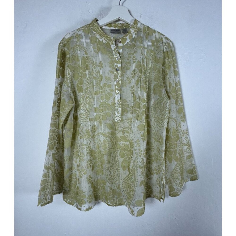 Chico's Sheer Floral Button-Front Blouse Mandarin Collar Sz 2 Green Linen Blend